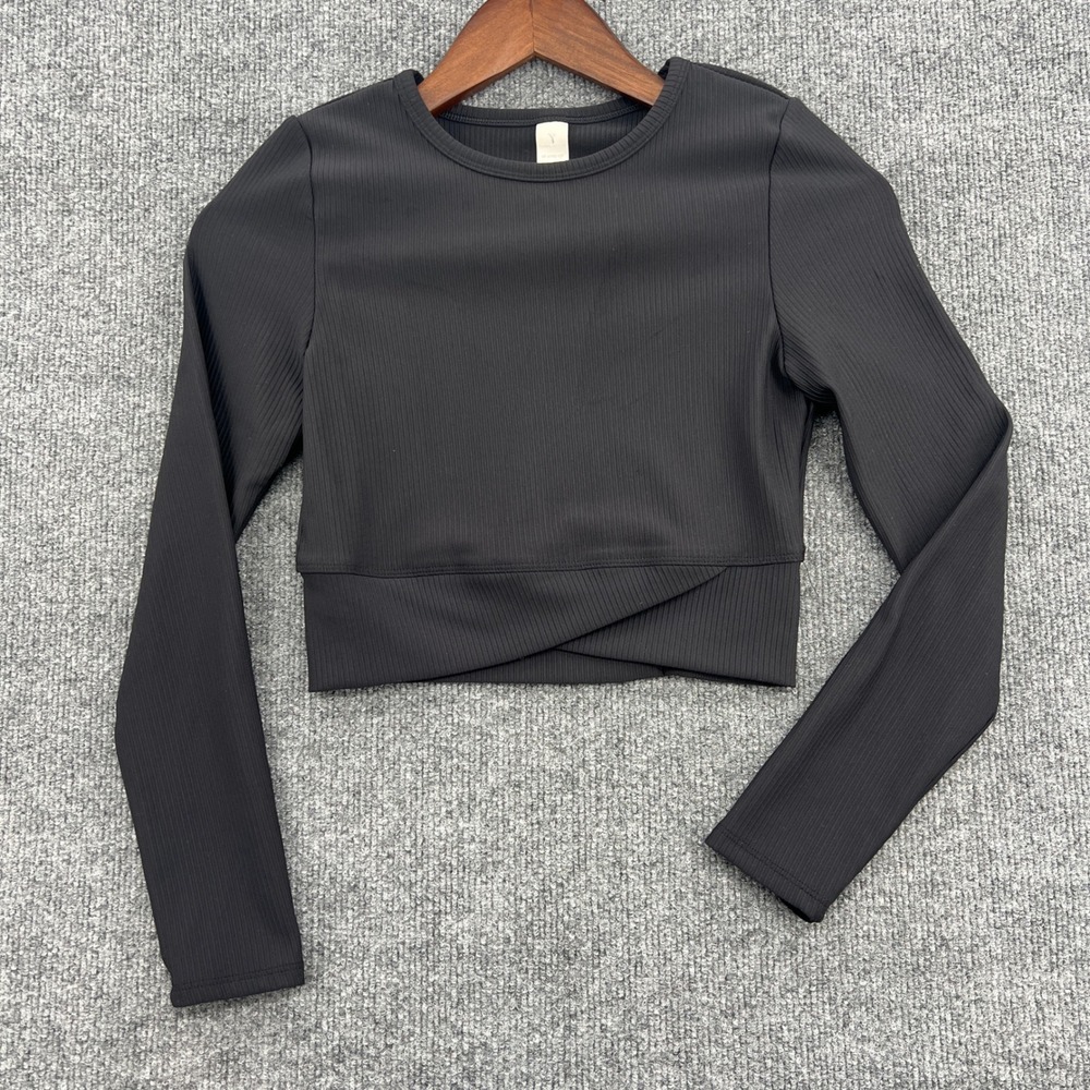 Yogalicious Rib Maisie Top Kid XL 14 Black Long Sleeve Crossover Crop Dance Gym